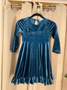 Girls Teal Velvet Ruffle Fit-and-Flare Dress